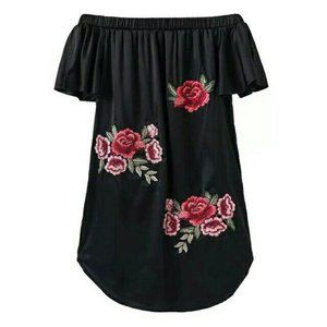 Suzy Shier Black Off-Shoulder  Dress with Roses